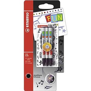 STABILO FUN Refill Cartridge om bij te vullen, medium, incl. 2 stickerkaarten om te verzamelen, verpakking van 3, zwart