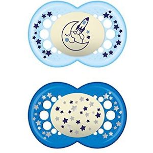 MAM Originele Night S175 fopspeen met latexstofzuiger, voor baby's van 16 maanden, licht in het donker - blauw (2 stuks) met autosteriliseringsbox, Spaanse versie