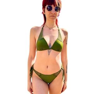 HAUTE PRESSION Olijfgroene driehoekige bikini met mesh, halter top en strikbroek, moderne stijl, Groen, 46