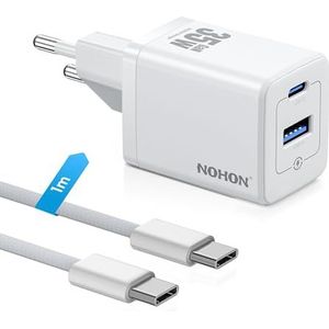 NOHON USB C oplader snellader: 35 W voeding USB C met 60 W type-C 1 M oplaadkabel, 2-poorts GaN mobiele telefoon laadstekker compatibel met iPhone 15/14/13/12 Mini Pro Max, iPad Air/Pro, Samsung,