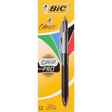 BIC 4-kleurige balpen Grip Pro – 4-in-1 balpen – rood, blauw, zwart en groen – goed voor documenten – met rubberen greep/lijndikte 0,4 mm – set met 12 meerkleurige potloden