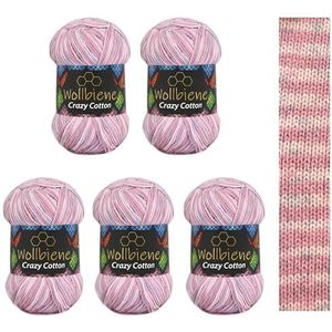 Wollbiene Crazy Cotton Batik, 5 x 100 g, 500 gram met kleurverloop, 55% katoen, meerkleurig, meerkleurig, breiwol, wol, voor het hele jaar (6080 seringblauw kleur)