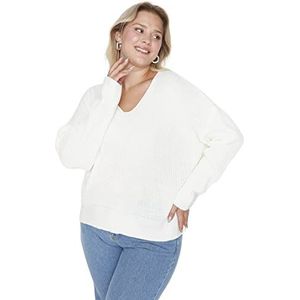 Trendyol Dames V-hals Plain Regular Plus Size Sweater Sweater, Ecru, 3XL, Ecru, 3XL
