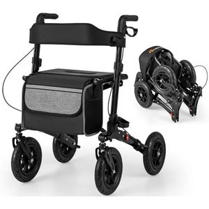 FANTASK 2-in-1 rolstoel & reisrollator, zwarte reisrollator met hoogteverstelsysteem, rollator van aluminium met opvouwbaar design, rolstoel met tas en stokhouder