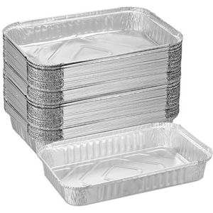 Relaxdays aluminium bakjes bbq, set van 50, BxD: 31 x 21 cm, rechthoekige barbecuebakjes, grote lekbakjes grill, zilver
