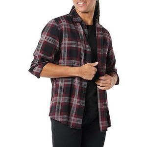 Amazon Essentials Men's Flanellen overhemd met lange mouwen (verkrijgbaar in grote en lange maten), Zwart Bordeauxrood Grijs Plaid, XS