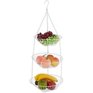 Relaxdays hangende fruitmand - fruitschaal etagère - 3 lagen - witte hangmand - draadstaal