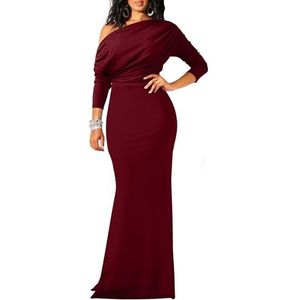 YMDUCH Sexy elegante damesjurk met lange mouwen, schoudervrij, bodycon, lange avond, formele jurk, wijnrood, L