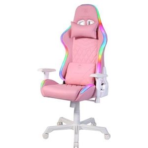 DELTACO GAMING PCH90 Ergonomische gamingstoel met led, kunstleer, RGB-verlichting, kussen voor lendenen en nek, roze/roze