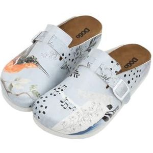 DOGO Blauwe pantoffels voor dames, vegan leer, blauw - Birds Chirping Patroon, Meerkleurig, 38 EU