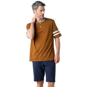 Eminence - Korte pyjama voor heren Club- Jersey 100% gekamd katoen - T-shirt korte mouwen T-hals + korte broek met 2 zakken - Oeko-Tex®-label Standard 100, Bruin/marineblauw, S