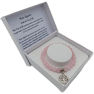 AB Viking Crafts Handgemaakte rozenkwarts edelsteen armband met hanger Yggdrasil levensboom in geschenkdoos, 18 centimeters, Edelsteen, rozenkwarts