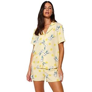 Trendyol Dames grafisch geweven shirt-korte pyjama set, geel, 36, Geel, 36