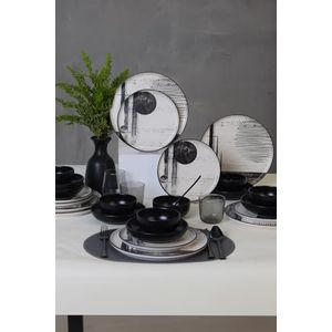 Elegant 24-delige dinerset, zwart & wit keramisch aardewerk, antibacterieel, gemakkelijk schoon, thermisch schokbestendig, vaatwasmachinebestendig en magnetronbestendig
