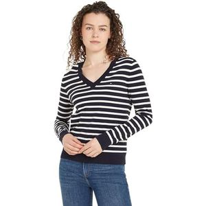 Tommy Hilfiger Dames CO Jersey Stitch V-NK Trui WW0WW40098 Pullover Sweater, Breton STP/Desert Sky/Ivory Petal, XXS, Blauw (Bretonse Stp/Desert Sky/Ivoor Bloemblaadje), XXS