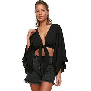 Trendyol Dames zwart vliegwiel gedetailleerde viscose blouse blouse, zwart, 42