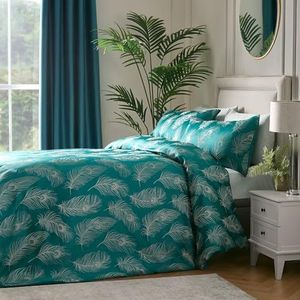 Laurence Llewelyn-Bowen - Luxe groenblauw dekbedovertreksets - tweepersoons beddengoed maat (200 x 200 cm) - Pauwvogel en bloemblad patroon - zacht zijdeachtig (96% polyester 4% metallic)