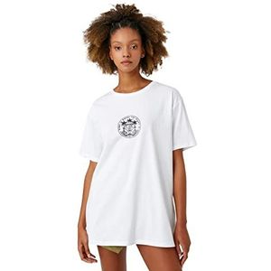 Koton Dames Relax Fit Short Sleeve Slogan Bedrukt Crew Neck T-shirt, ecru (010), XL