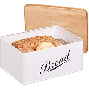 Relaxdays Broodtrommel, broodtrommel in retro design, bamboedeksel, met opschrift ""Bread"", metaal, 14 x 30,5 x 23,5 cm, wit 10024603