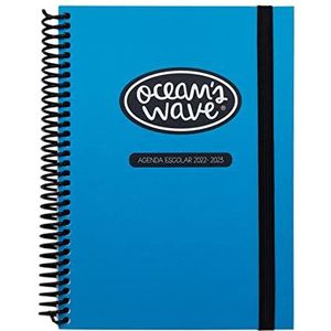 Ocean's Wave Schoolagenda 2022-2023, model neonblauw, DIN A6, 15 x 11,5 cm, pagina voor dag, harde omslag en spiraalbinding, jeugdig design