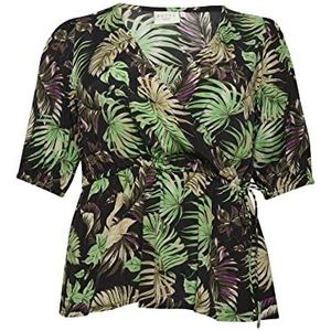 Kaffe Curve Plus-size dameswikkelblouse, halve lengte, mouwen, lint, dames, Groen/Zwart/Paars Palm Print, 40 Groten mate