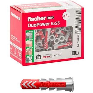 Fischer 100 pluggen Duopower 5 x 25 mm, voor volle muur, gatensteen, gipskarton, 537639