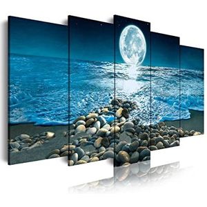 DekoArte 400 - Moderne foto's gedigitaliseerde kunstdruk | decoratief canvas voor woonkamer of slaapkamer | Nachtlandschap met de maan verlicht het strand | 5 stuks 150 x 80 cm