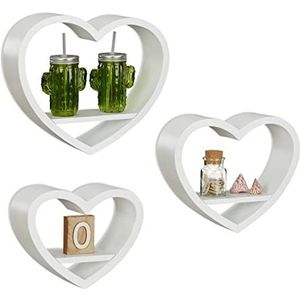 Relaxdays Wandrek hart 3-delige set, romantische decoratieve planken in hartvorm, zwevende wandplanken tot 6 kg belastbaar, wit, 10 x 40 x 33 cm