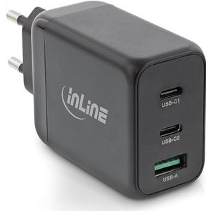 InLine 31506F 3-Poort Oplader - 2x USB-C, 1x USB-A, GaN-Technologie, 65W Snellader, PD3.0, QC 4+ - Voor MacBook Pro/Air, iPhone/Pro/mini, iPad Pro, Pixel en Meer - Zwart