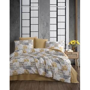 Nuit Des Rêves Ranforce Single XL Quilt Coverset, 100% katoen, 155 x 200 cm en kussensloop van 80 x 80 cm, geel, wit en grijs, zacht, stijlvol beddengoed voor moderne slaapkamers