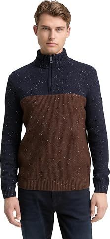 TOM TAILOR - Trui - Donkerblauw / Zwart - Color-Blocking - Halve Rits