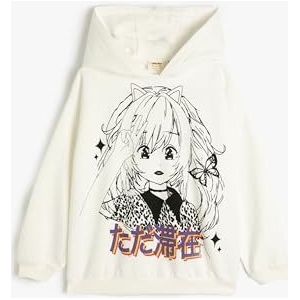 Koton Girls's Hoodie Anime Printed Long Sleeve Brushed Interior Sweatshirt, ecru(010), 5-6 jaar