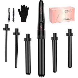BESTOPE PRO 6-in-1 krultang, grote krullen en kleine krultangen, krultang met verschillende opzetstukken, handschoenen, temperatuur instelbaar, zwart