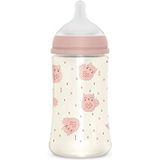 Suavinex, Fles, 270 ml, fles met fysiologische zuiger SX Pro van siliconen, met anti-colic ventiel, fles met gemiddelde doorstroming (M), voor baby's + 3 maanden, Bonhomia, roze