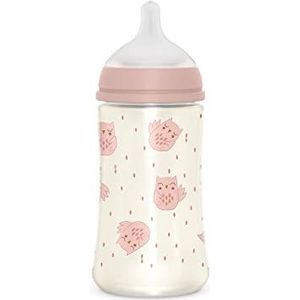 Suavinex, Fles, 270 ml, fles met fysiologische zuiger SX Pro van siliconen, met anti-colic ventiel, fles met gemiddelde doorstroming (M), voor baby's + 3 maanden, Bonhomia, roze