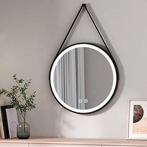 EMKE Badkamerspiegel met verlichting, LED-spiegel, rond, 60 cm, met touch-schakelaar + 3 soorten warm wit/koud wit, neutraal, frame zwart