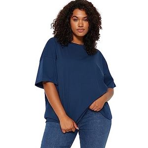 Trendyol Dames rechte korte mouwen plus size T-shirts in plussize, Donkerblauw, 5XL/Grote maten