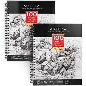 Arteza Schetsboek 2-pack, 9x12 inch, 200 vellen, 100 vellen elk tekenboek, 70 lbs, 100 g/m² papier, spiraalgebonden kunstenaar schetsblok, duurzaam zuurvrij tekenblok, voor volwassenen en tieners,