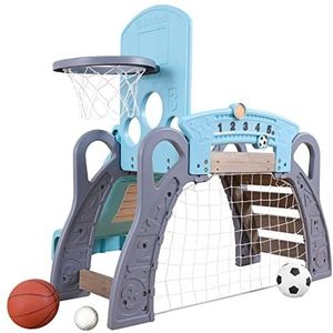 KidKraft 5-in-1 klim- en sportplaats met glijbaan, voetbaldoel en basketbalmand, speelplaats binnen en buiten, speelgoed voor peuters, 20193