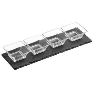 Premier Housewares vierkante snackkommen van glas, met dienblad van leisteen, 4 stuks, grijs, 10x30x4