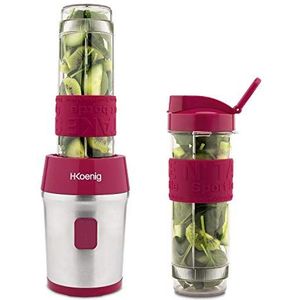 H.Koenig frambozenrood Mini-Blender/Smoothiemaker SMOO10, bpa-vrij, 300 W, 2 Flessen van 570ml met Reisdeksel
