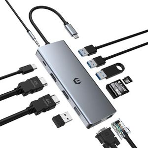USB C-docking station OBERSTER 12-in-1 USB C-hub inclusief 2 HDMI, VGA, 100 W PD, 2 USB 3.0, 2 USB 2.0, Ethernet, SD/TF kaartlezer, microfoon/audio voor laptop