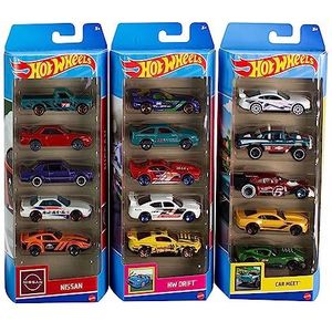 Hot Wheels 15 speelgoedauto's in 3 sets van 5 voertuigen met een thema, schaal 1:64, authentieke details, realistische decoraties, cadeau voor verzamelaars en kinderen vanaf 3 jaar HNM05
