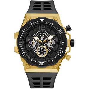 GUESS 48mm multifunctioneel skeletonized horloge, Zwart/Goud-tone, NS, riem