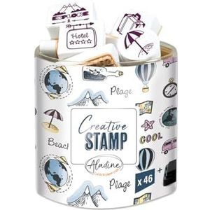 Aladine Stampo Scrapbooking-set met reismotief, stempelset voor creatieve ansichtkaarten, doe-het-zelf knutselen, stempelset om overal mee naartoe te nemen, inclusief zwarte stempelkussen