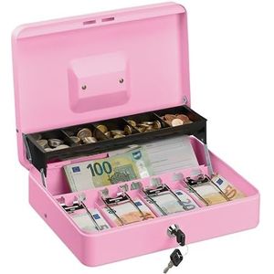 Relaxdays Geldcassette afsluitbaar, muntinzet & 4 biljettenvakken, geldkassa ijzer, H x B x D: 8,5 x 30,5 x 24,5 cm, roze