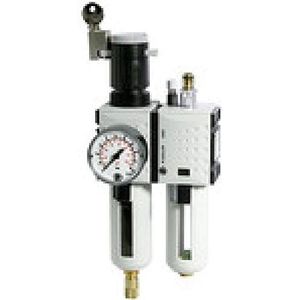 Onderhoudseenheid 2-delig. »FUTURA«, pc-houder, beschermmand en manometer, BG 2, G 3/8, regelbereik 0,5-10 bar, condensafvoer: VA