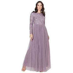Maya Deluxe Vrouwen Dames Jurk voor Bruiloft Gast Plus Size Empire Hoge Taille Pailletten Lange Mouw Avond Bruidsmeisje, Moody Lila, 14