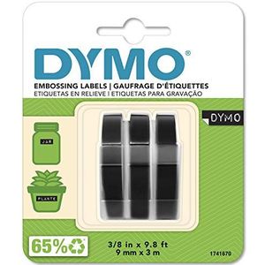 Dymo S0847730 vinyl reliëfetiketten (rol 9 mm x 3 m, witte opdruk op zwarte ondergrond, zelfklevend) verpakking van 3
