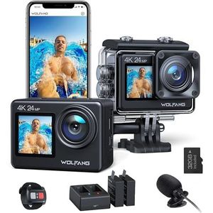 WOLFANG Dual Screen Action Cam GA200 4K 24MP WiFi EIS Anti-Shock Fotocamera 40M Subacquea Videocamera, Telecomando 2.4G, Caricabatterie, Batterie 2x1050mAh e Accessori